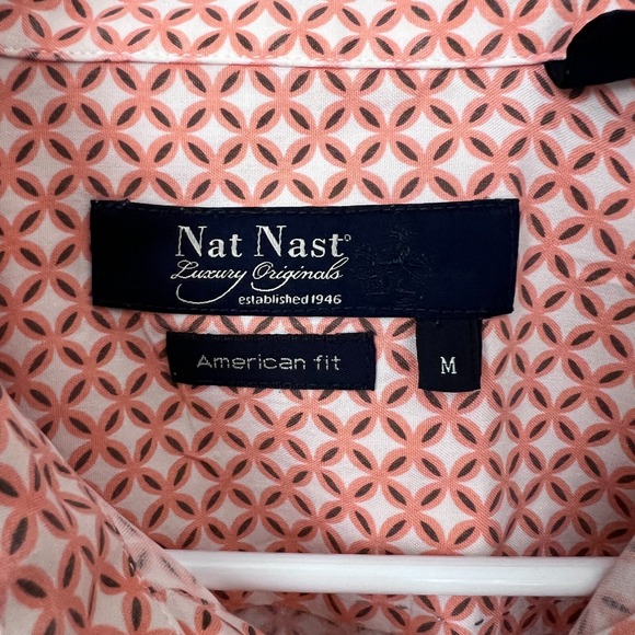 Nat Nast Shirt Men Medium Orange Geometric American Fit Silk Short Sleeve Preppy - Picture 3 of 11